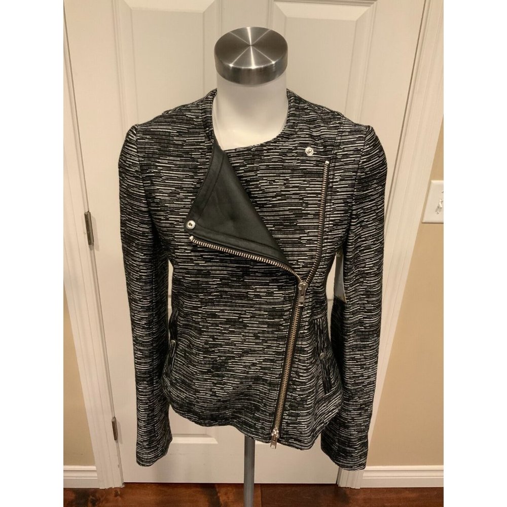 Theory Black & Silver Striped Zip-Up Moto Jacket w/ Leather Panel, Size 4